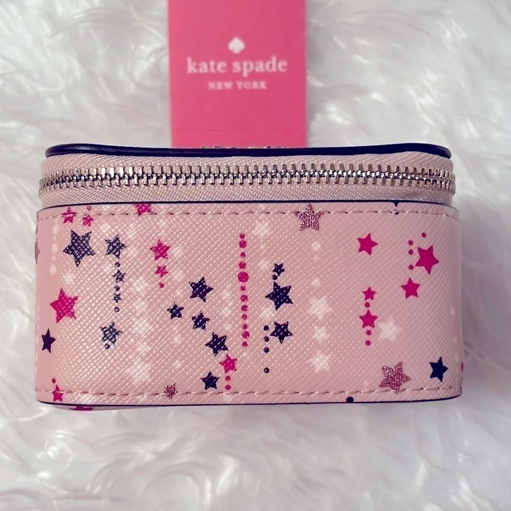 Brand New Kate Spade Genuine Leather Pink Stars Zippered Travel Jewelry Box